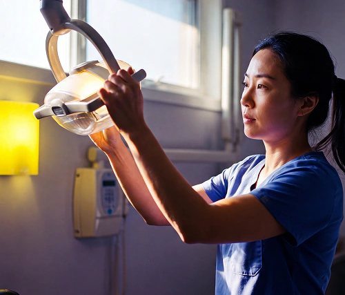 Healthcare professional adjusting an examination light