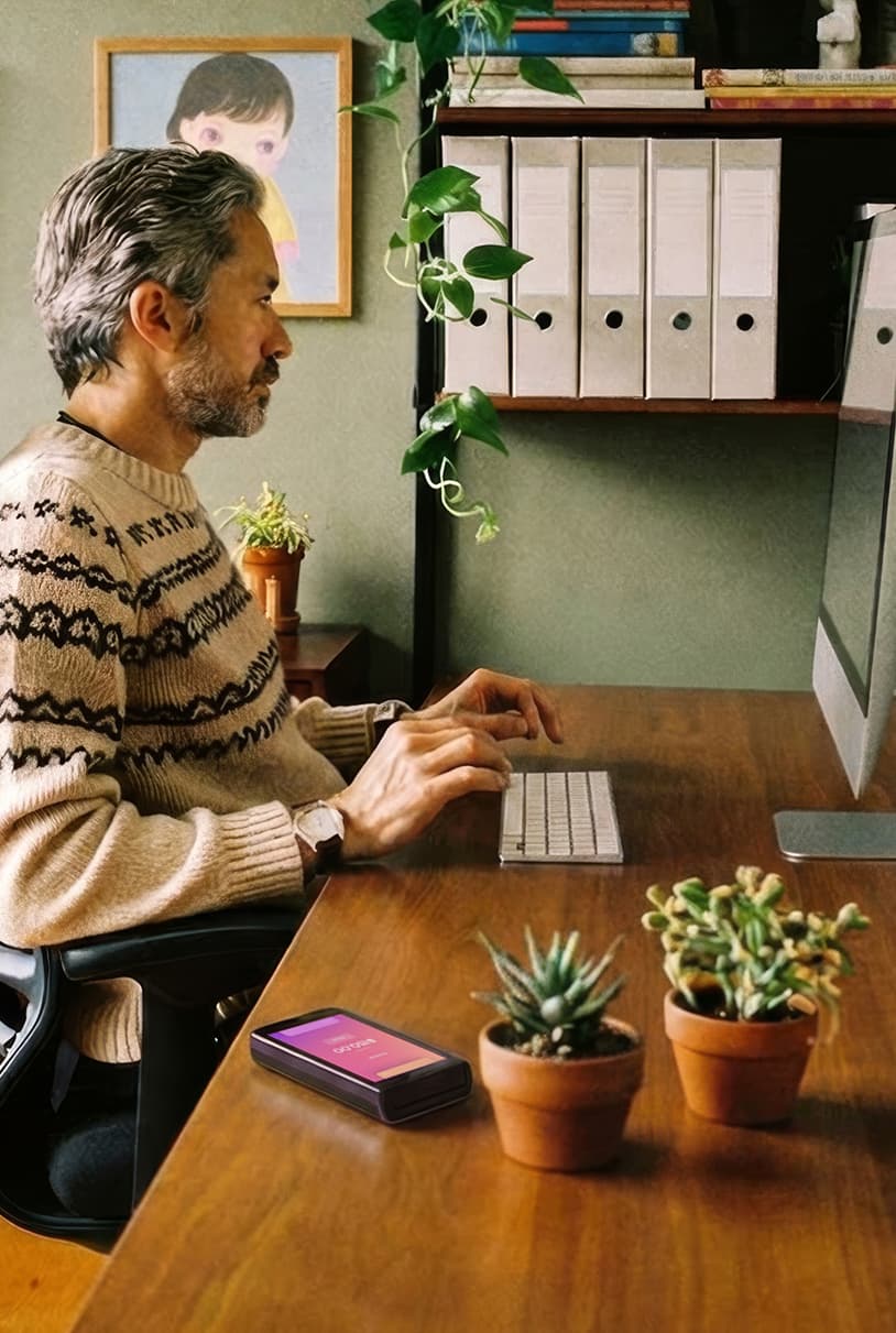 Professional at a desk with a payment terminal